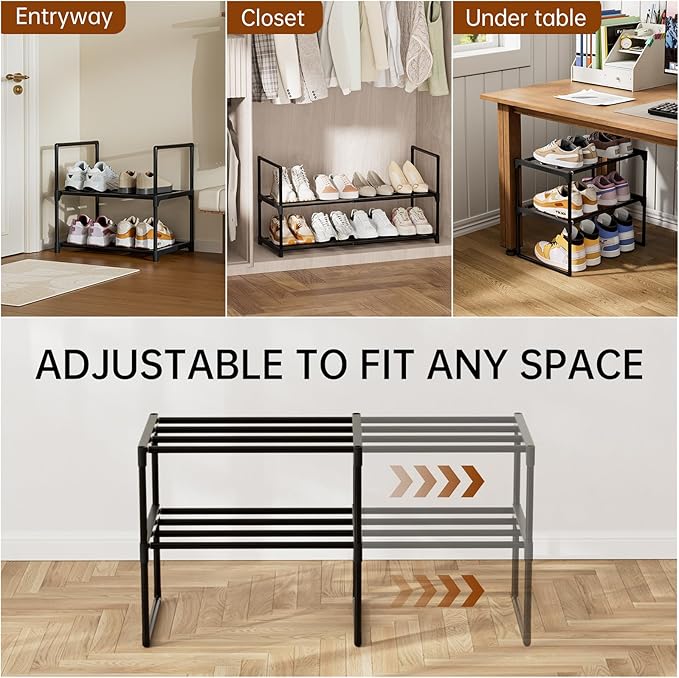 HAIXIN Expandable Shoe Rack - 2 Tier Adjustable Shoe Organizer Storage Shelf for Closet, Upright and Upside Down, Stackable Small Shoe Stand for Entryway, Living Room, Front Door