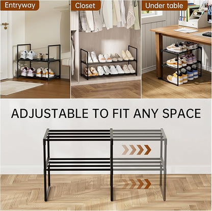 HAIXIN Expandable Shoe Rack - 2 Tier Adjustable Shoe Organizer Storage Shelf for Closet, Upright and Upside Down, Stackable Small Shoe Stand for Entryway, Living Room, Front Door
