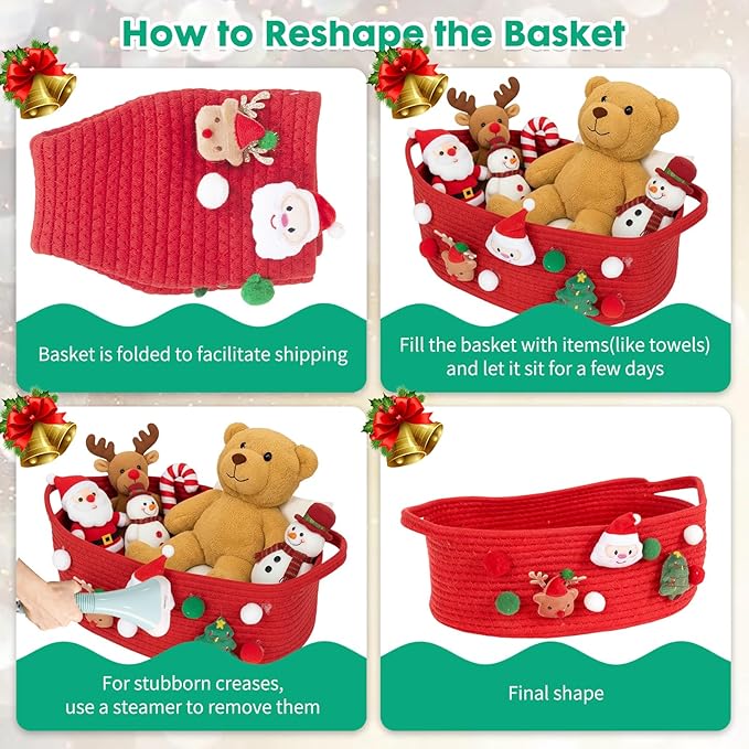 ShellKingdom Storage Basket with Handles, Empty Gift Basket with Gift Bags and Ribbon for Christmas, Small Woven Baskets for Home, Nursery Storage Organizer, 12 X 8 X 5 INCH, Christmas Red