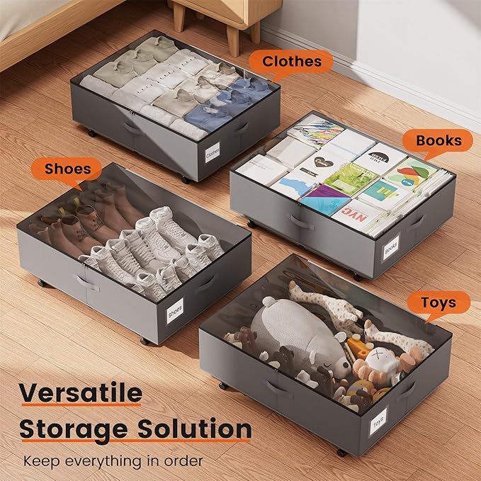 XXXL 100L Under Bed Storage with Wheels, Rolling Storage Containers with Support & Clear Lid, Heavy-Duty Metal Frame, Easy Pull-out, Underbed Storage Bins for Clothes, Shoes, Blankets, and Toys 2 pack