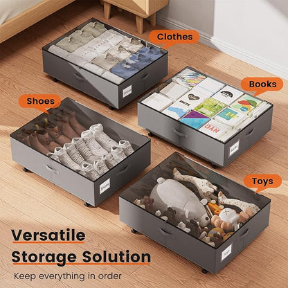 XXXL 100L Under Bed Storage with Wheels, Rolling Storage Containers with Support & Clear Lid, Heavy-Duty Metal Frame, Easy Pull-out, Underbed Storage Bins for Clothes, Shoes, Blankets, and Toys 2 pack