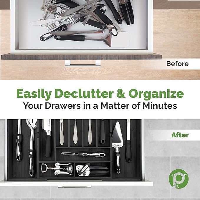 Pristine Bamboo Silverware Organizer - Expandable Kitchen Drawer Organizer - Adjustable Kitchen Drawer Organizer for Utensils, Expandable to 25 Inches Wide, 10 Slots - Black