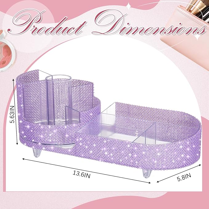Teen Girls Mother's Day 360 Rotating Bling Makeup Organizer Gift Rhinestone Diamond Bathroom Organizer Girly Skin Care Brush Holder for Countertop, Bathroom Essentials(Purple,Pearl)