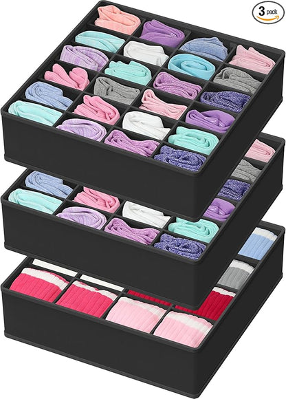 Simple Houseware Sock Drawer Organizer for Dresser/Closet/Bedroom, 3 Pack, Black