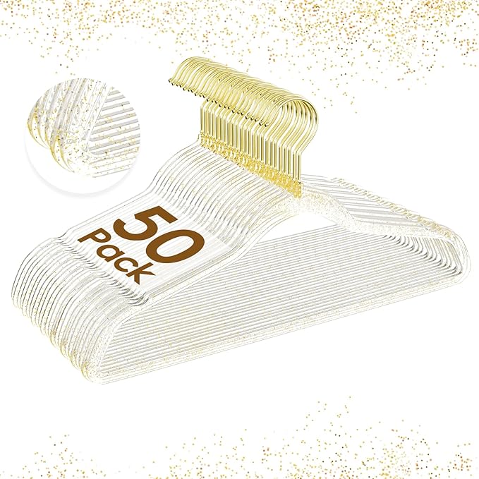 50 Pack Clear Plastic Hangers with Gold Glitter, Acrylic, Ultra Slim, Space Saving, for Coats, Pants, Suits, Shirts, Skirts, Dress Clothes