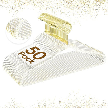 50 Pack Clear Plastic Hangers with Gold Glitter, Acrylic, Ultra Slim, Space Saving, for Coats, Pants, Suits, Shirts, Skirts, Dress Clothes