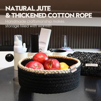 Sea Team 3-Pack Small Cotton Rope Storage Basket Set - Portable Round Organizers with Jute Braid for Small Items, Keys, Makeup & Trinkets