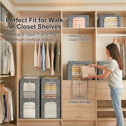 GoMaihe Blanket Storage Bins with Metal Frame, 6-Pack Large Closet Storage Bins with Lid & Clear Window, Comforter Bedding Storage Organizer for Walk-in Closet Cationic Fabric 55L