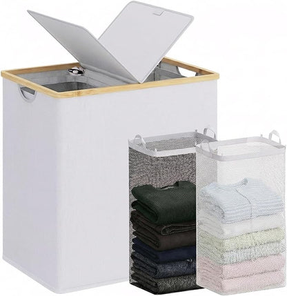 efluky Laundry Hamper with Lid, Double Laundry Basket with 2 Removable Bags, 2 Section Laundry Bin with Bamboo Handles for Bathroom, Bedroom & Laundry Room, 140L (36.9 Gallon) Light Grey