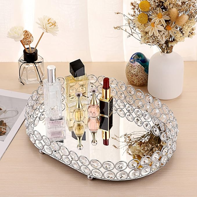 Hipiwe Crystal Vanity Tray Mirrored Dresser Perfume Trays for Makeup Tray Cosmetic Skin Care Storage, Jewelry Trinket Organizer Tray for Bathroom Countertop Home Decor (Medium, Silver)