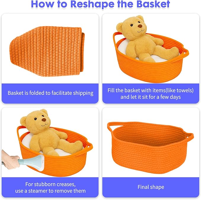 ShellKingdom Storage Basket with Handles, Empty Gift Basket with Gift Bags and Ribbon, Small Woven Baskets for Home, Nursery Storage Organizer, 12 X 8 X 5 INCH, Orange