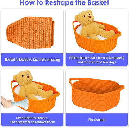 ShellKingdom Storage Basket with Handles, Empty Gift Basket with Gift Bags and Ribbon, Small Woven Baskets for Home, Nursery Storage Organizer, 12 X 8 X 5 INCH, Orange