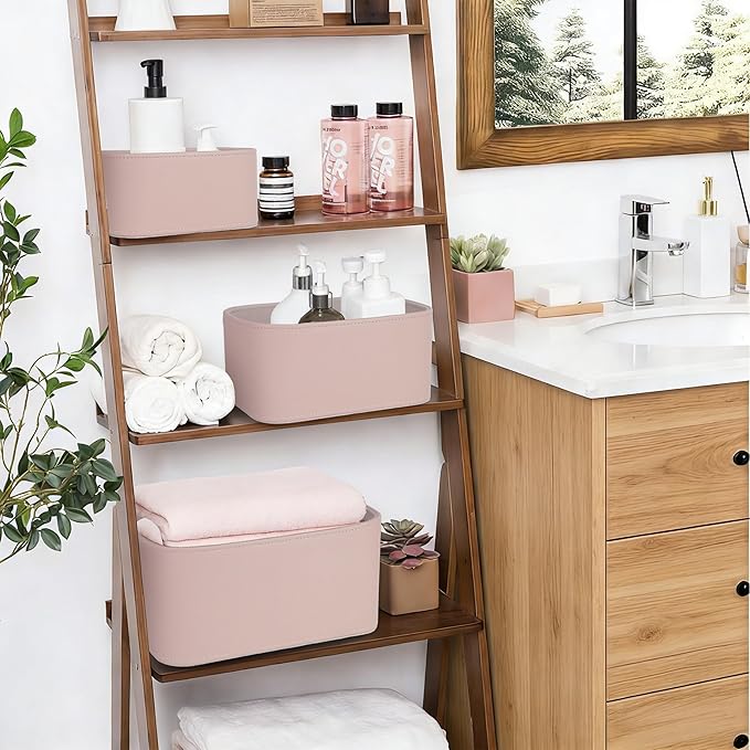 HofferRuffer Faux Leather Storage Baskets Bins with Velvet Lining for Organizing, Storage, Gifts, Set of 3 Nesting Shelf Baskets Decorative Storage Boxes for Home Organization (Pink)
