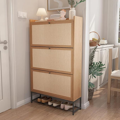 AVZEAR Narrow Shoe Storage Cabinet with 3 Flip Drawers, Freestanding Shoe Organizer Wooden Closed Shoe Rack, Slim Shoe Cabinet Storage for Entryway, Hallway, Living Room (Natural)