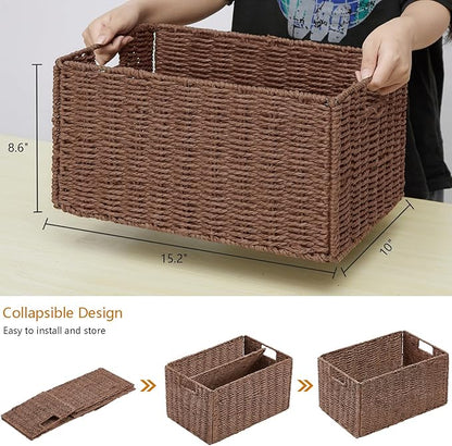 Vagusicc Wicker Storage Basket, Set of 2 Hand-Woven Paper Rope Wicker Basket, Small Storage Baskets for Organizing Toilet Paper, Foldable Large Cube Storage Organizer Baskets Bin for Shelves (Brown)