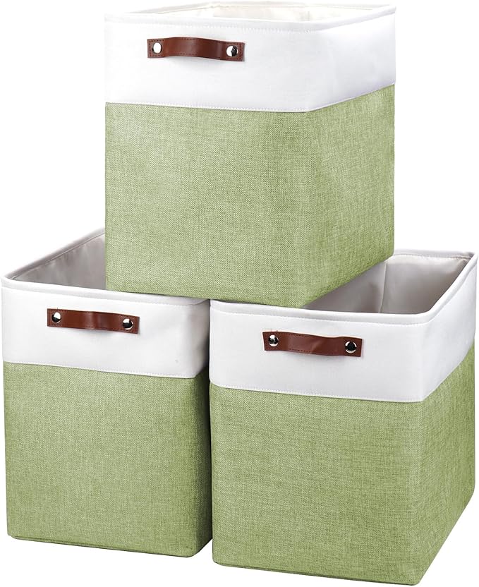 Bagnizer Large Fabric Storage Baskets | 50L Storage Bins, Decorative Linen Closet Baskets with Handles for Organizing, Shelf, Toys, Clothes, Home, Office, Nursery, 17x12x15Inches (Green&White)