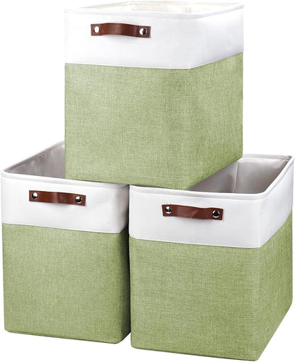 Bagnizer Large Fabric Storage Baskets | 50L Storage Bins, Decorative Linen Closet Baskets with Handles for Organizing, Shelf, Toys, Clothes, Home, Office, Nursery, 17x12x15Inches (Green&White)
