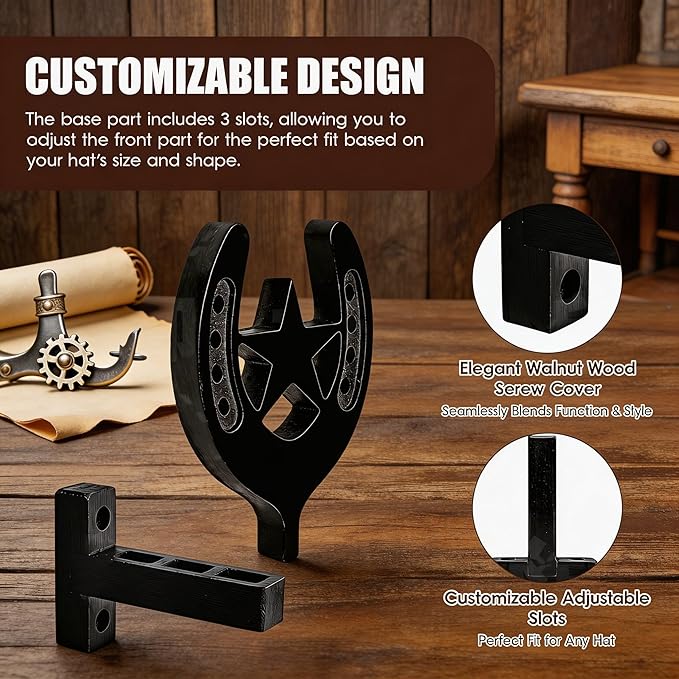 Horseshoe Cowboy Hat Holder for Wall – Rustic Wooden Western Hat Rack, Wall Mounted Hat Organizer for Cowboy Hats, Fedora, Baseball Caps – Farmhouse Entryway Closet Decor (Black)