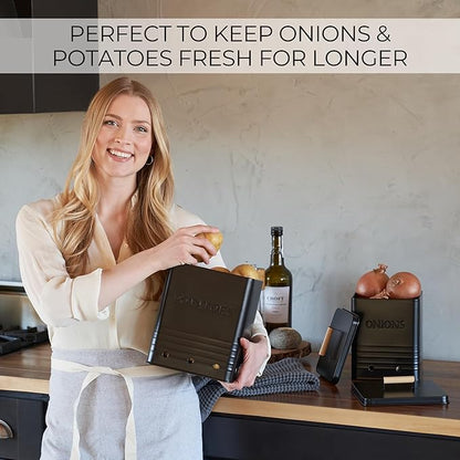 ZICOTO Beautiful Potato and Onion Storage Container Set, 10.1" & 8.9" - Perfectly Sized Spacious Canisters For Your Kitchen Counter Or Pantry - Food Safe Metal Bins Keep Produce Fresh Longer