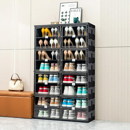 JEKO&JEKO 8 Tiers Foldable Shoe Rack Organizer Cabinet for Closet Entryway, Large Collapsible Shoe Storage Box with Magnetic Doors (Black)