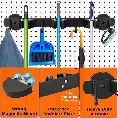 MUTUACTOR Magnetic Broom Holder,Anti-slip Heavy Duty Broom and Mop Hanger Metal Tool Holder 3 Racks and 4 Hooks for Laundry Garage Kitchen Factories Workshops Organization and Storage(1 Set)