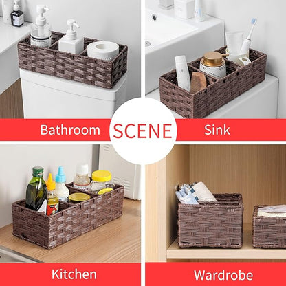 Toilet Tank Topper Paper Basket Multiuse Hand Woven Plastic Wicker Basket Bins with Divider for Shelves Rustic Farmhouse Bathroom Decor Countertop Organizer Storage