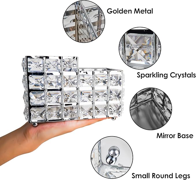 LUEXBOX Crystal Makeup Brush Holder, One-Piece Square Brush Organizer, Cosmetics Brush Storage Container for Table, Dresser, Bathroom, Bedroom Organization (Silver)