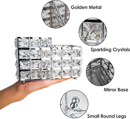 LUEXBOX Crystal Makeup Brush Holder, One-Piece Square Brush Organizer, Cosmetics Brush Storage Container for Table, Dresser, Bathroom, Bedroom Organization (Silver)