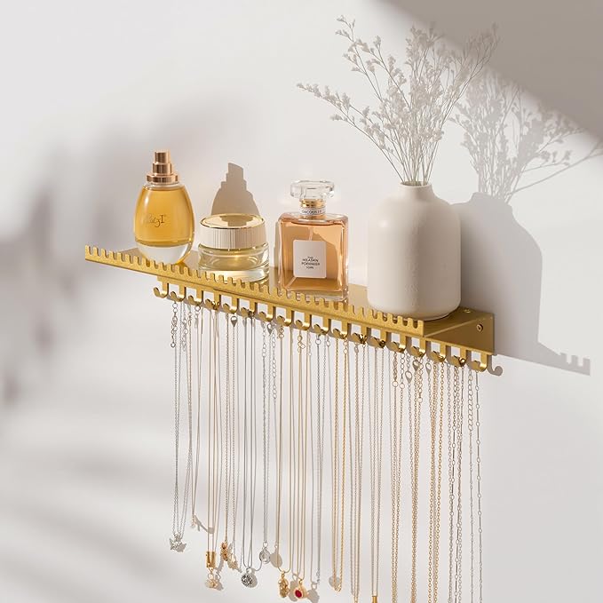 Necklace Holder Wall Hanging Organizer: Wall Mounted Jewelry Shelf with 56 Hooks and Tray, Display Hanger for Kids, Girls and Women, Gold & Metal