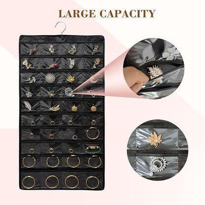 2 PACK (Each Pack 80 Pockets,Total 160 Pockets) Hanging Jewelry Organizer with Hanger Metal Hooks Storage On Wall Door Closet Double-Sided Jewelry Holder for Earrings, Necklaces, Rings (2 Pcs Black)