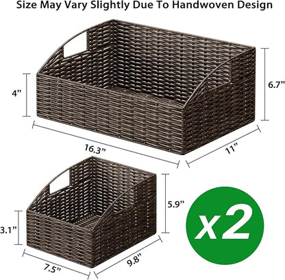 Rattan Storage Baskets, Handwoven Wicker Storage Bins with Built-in Handles, Storage Container Baskets for Shelves, Bedroom, Bathroom, Laundry Room or Kitchen(Brown)
