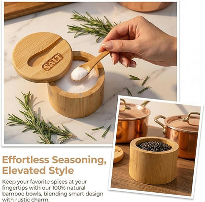 Lawei 2 Pack Bamboo Salt and Pepper Bowls, Round Salt Container with Magnetic Swivel Lids and Spoons, Bamboo Salt Cellars, Seasoning Storage Holder Box for Salt, Pepper, Sugar, Spice
