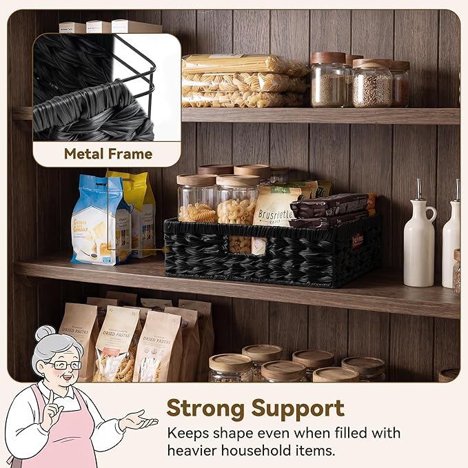 GRANNY SAYS Wicker Storage Baskets for Shelves, Wicker Basket for Organizing, Shallow Basket, Woven Baskets for Pantry Storage, Black, 1-Pack