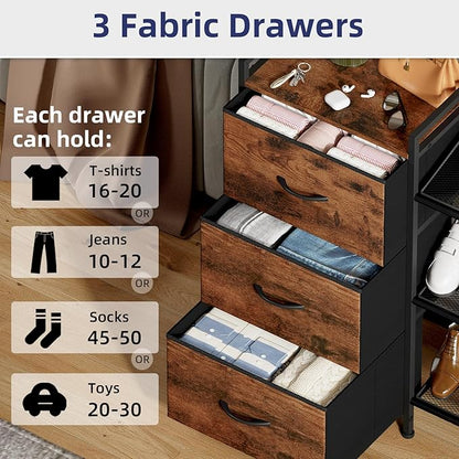 Somdot Shoe Rack, 3 Tier Shoe Organizer with 3 Drawers, Metal Shoe Storage Shelf for 6-9 Pairs of Shoes with Fabric Shelves and Wooden Top, Narrow Shoe Rack for Entryway, Wood Grain Print