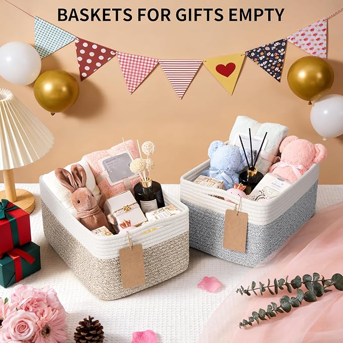 Goodpick 4 Pack Storage Baskets for Shelves, Rectangle Woven Baskets for Organizing, Closet Storage Bins with Handles, Decorative Toy Organizer Basket for Gifts, 13''L x 8''W x 6''H, Brown