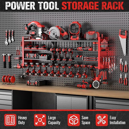 49.8" W Super Large Power Tool Organizer Wall Mount,4-Layer Heavy Duty Tool Storage with 18 Cordless Drill Holder,600 lb Capacity Garage Organization for Garage and Workshop (Red)