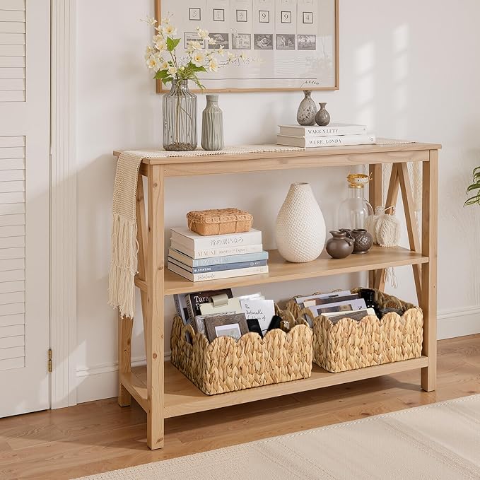 StorageWorks Scalloped Water Hyacinth Baskets, Hand-woven Rattan Baskets with Built-in Handles, Cute Baby Basket for Nursery, Basket for Organizing and Decor, 15"L x 11"W x 6¾"H