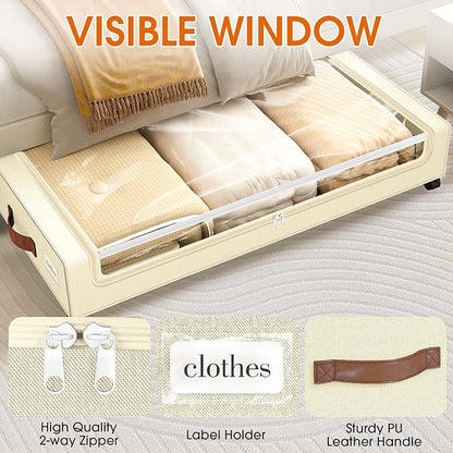 SpaceHacks Under Bed Storage with Wheels 3Pack Underbed Storage with Clear Window&Label Under Bed Drawers Large Capacity Rolling Under Bed Storage for Clothes,Shoes, Blankets (Beige)
