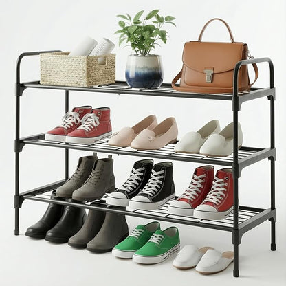 3-Tler Shoe Rack Organlzer, Rustproof lron, Spaclous Shoe Storage Shelf for Closet or Entryway, Fits Sneakers & Slippers, Black