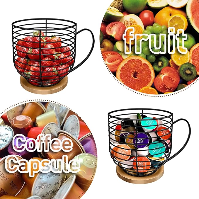 BYTEAIDREX Coffee Pod Holders for Counter - K Cup Holders for Counter - Coffee Pods Storage Organizer - Bar Accessories - Large Capacity Black Wire Kup Storage with Wooden Base.