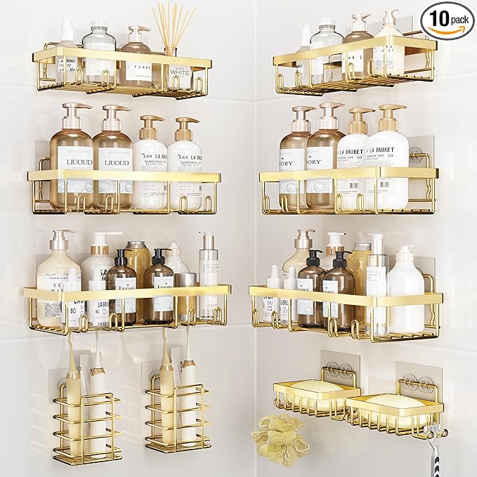 Liuoud 10 Pack Shower Caddy Organizer Rack Shelf for Inside Shower, Self Adhesive Wall Storage Basket Rustproof Stainless Steel Shampoo Holder Bathroom Accessory Decor Set, Gold