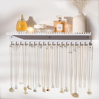 Necklace Holder Wall Hanging Organizer: Wall Mounted Jewelry Shelf with 56 Hooks and Tray, Display Hanger for Kids, Girls and Women, White & Metal