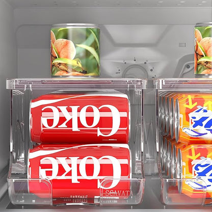 SCAVATA 2 Pack Stackable Refrigerator Organizer, Soda Can Dispenser Pop Cans Container Beverage Holder with Lid for Fridge, Freezer, Kitchen, Clear Plastic Storage Bins-Holds 10 Cans Each