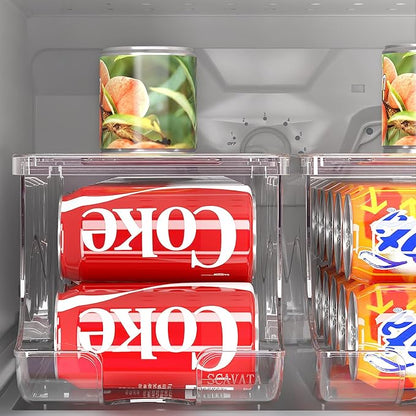SCAVATA Stackable Refrigerator Organizer, Soda Can Dispenser Pop Cans Container Beverage Holder with Lid for Fridge, Freezer, Kitchen, Clear Plastic Storage Bins-Holds 10 Cans Each (One)