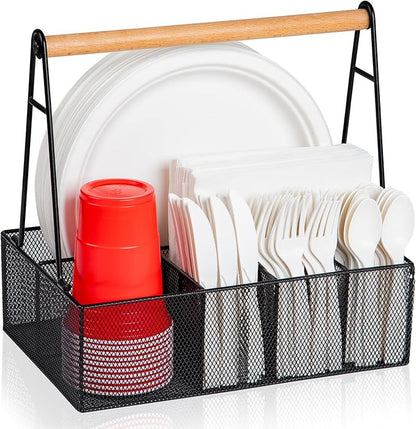 Paper Plate Organizer with Handle for Countertop, Metal Silverware Caddy for Cup, Napkin, Fork and Spoon, Paper Plate and Utensil Holder, Cutlery Caddy for Party, Camping, Picnic (Black)
