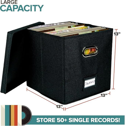 Vinyl Record Storage Box for up to 50+ 12-Inch Albums, Records Crate, LP Album Storage, Fabric Storage Boxes with Lids for Moving, Office, Closet, Home Organizer 13x13x13 (Black)