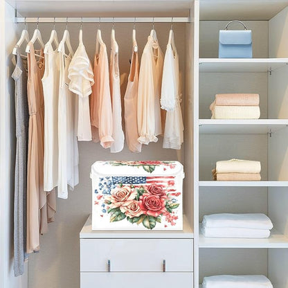 senya July Fourth Baskets Collapsible Storage Bins with Lids, Roses Gypsophila Flag Storage Boxes Clothes Baskets for Organizing