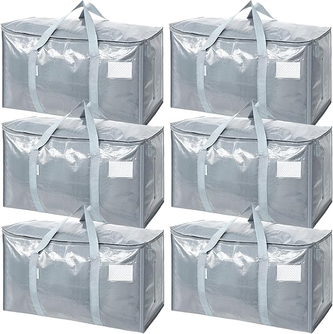 TICONN 6 Pack Extra Large Moving Bags Heavy Duty with Zippers & Carrying Handles, Durable Storage Bags Moving Boxes for Closet Organizers and Storage (6 Pack, Light Grey)