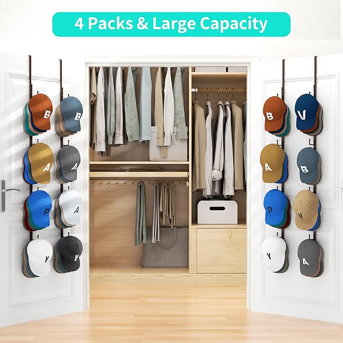 HapiRm Over Door Hat Rack - 4 Packs Metal Hanging Hat Organizer with 16 Hooks Design, Baseball Cap Hanger Organizer Storage Holds up to 80 Caps for Door, Bedroom, Closet（Brown）