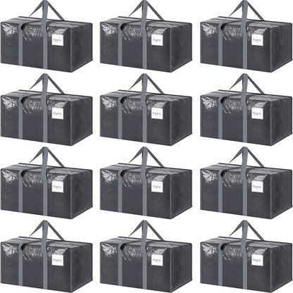 12 Pack Extra Heavy Duty Large Moving Bags with Strong Zipper & Comfortable Handles, Sturdy & Durable Clothes Storage Bags Totes Bins, Packing Moving Boxes for College Supplies, Gray